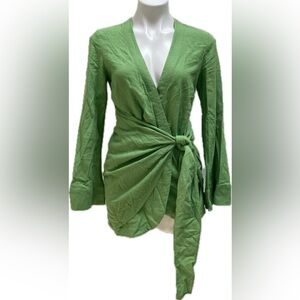 L’ACADEMIE LA REVOLVE GREEN LINEN SURPLICE WRAP KIMONO TIE FRONT TOP